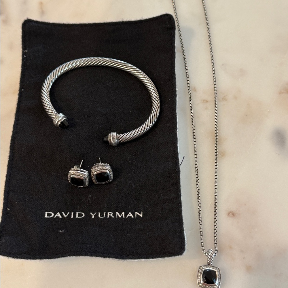 3 piece set David Yurman onyx diamond jewelry set necklace, earrings, cable cuff